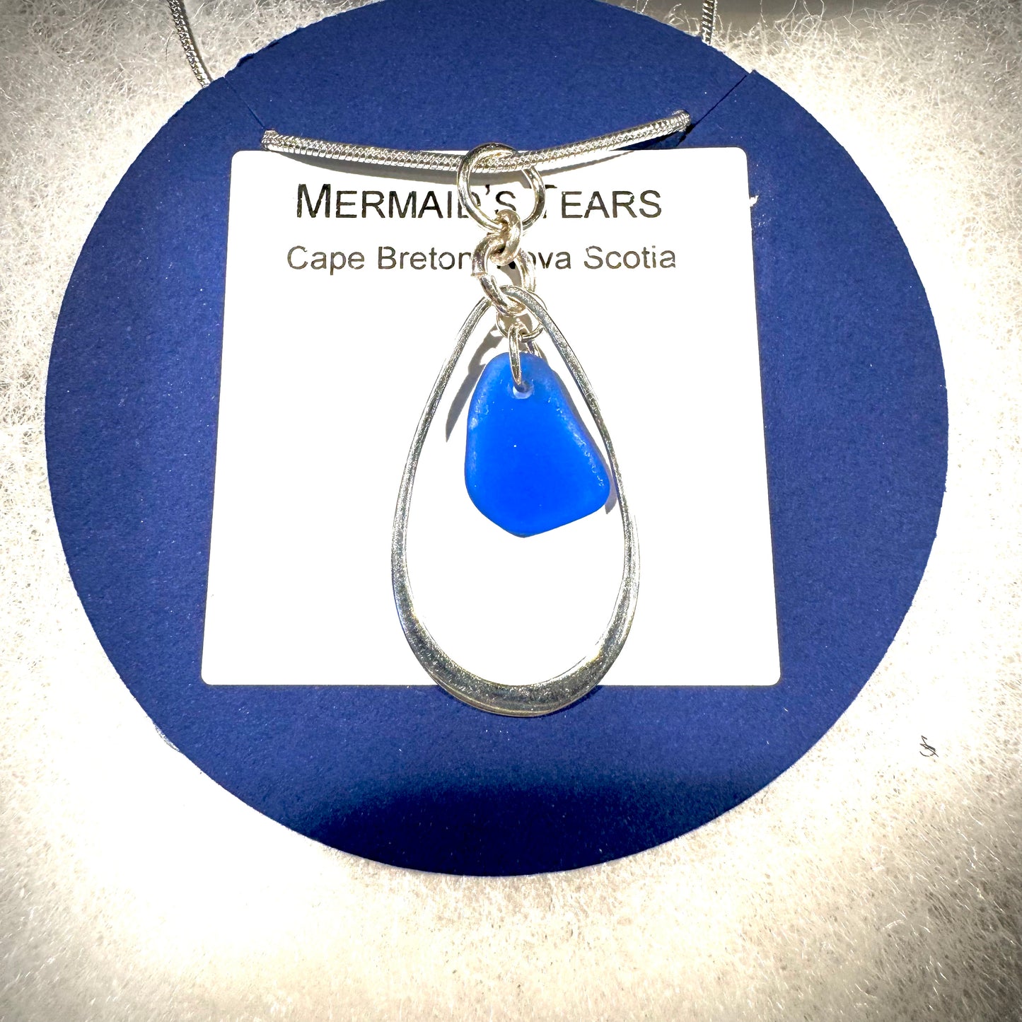 Mermaid's Tear Pendant - Cobalt blue sea glass from Cape Breton, Nova Scotia, Canada with wide modern 925 Sterling silver teardrop and chain