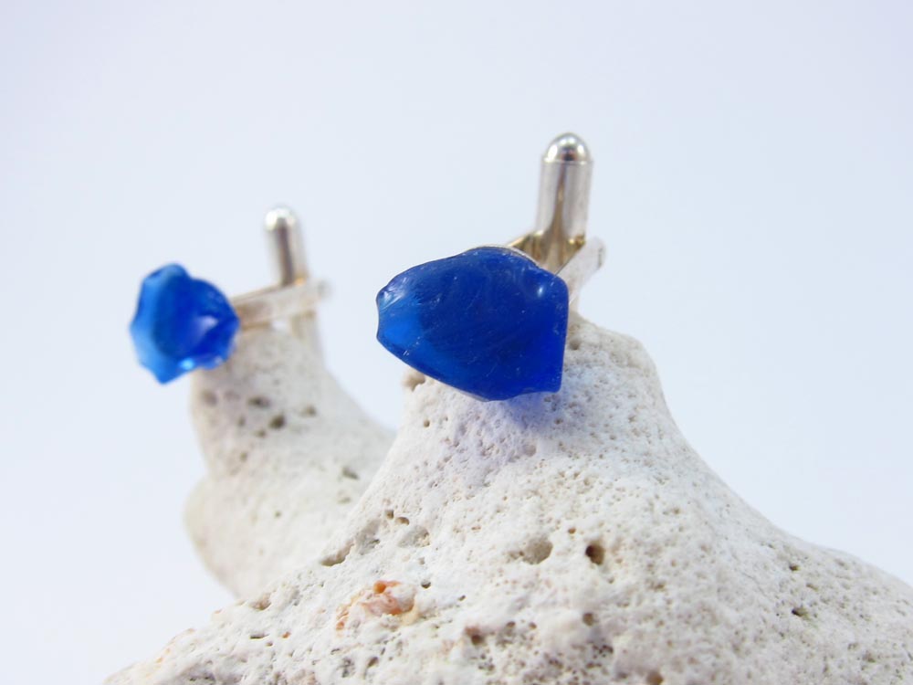 Cufflinks with Cobalt Blue sea glass from Nova Scotia's South Shore on silver plate mounts