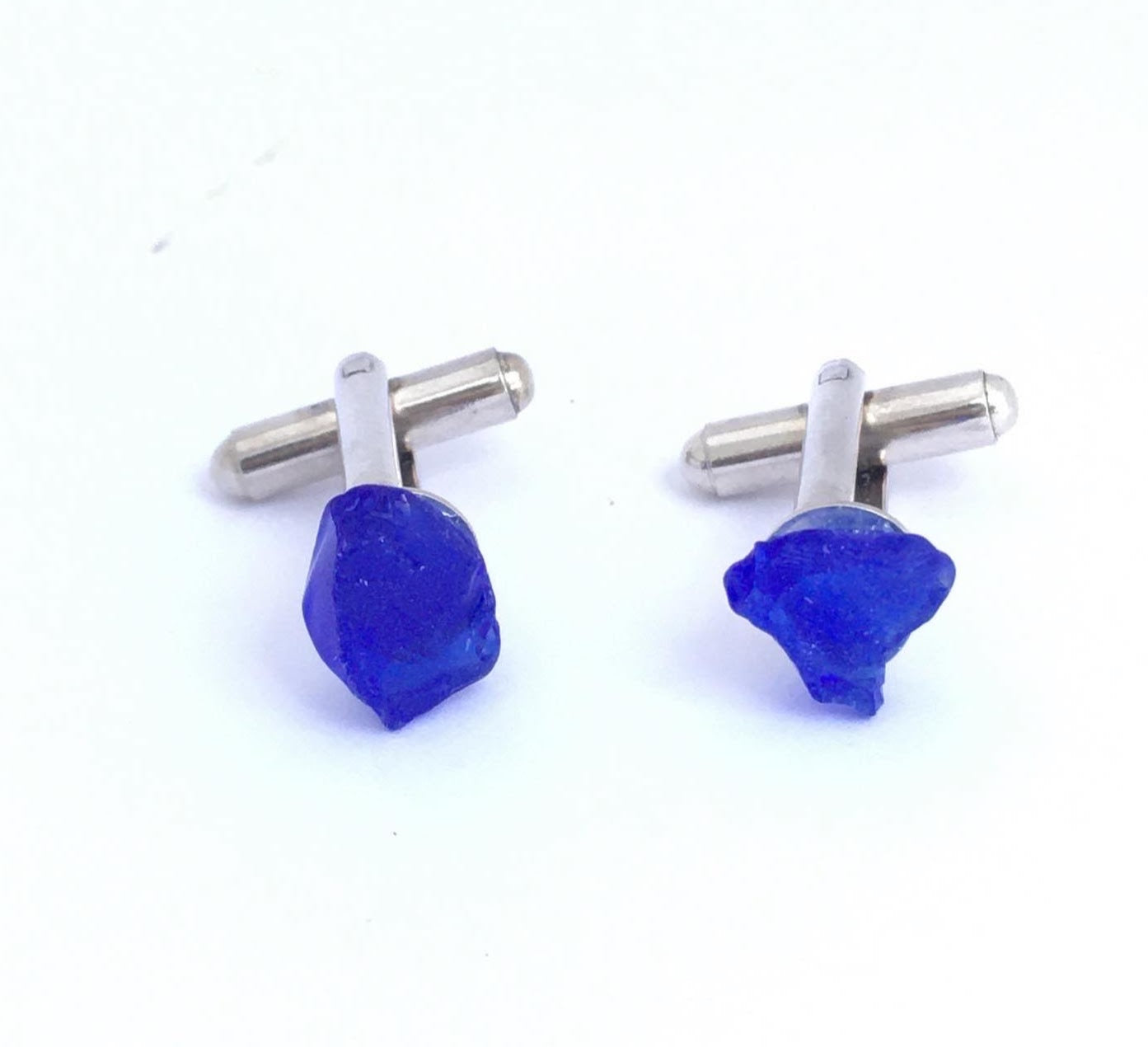 Cufflinks with Cobalt Blue sea glass from Nova Scotia's South Shore on silver plate mounts