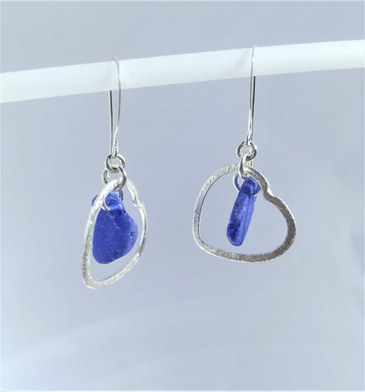 Heart Earrings - Cobalt Blue Sea Glass from Cape Breton, Nova Scotia, Canada and Sterling Silver