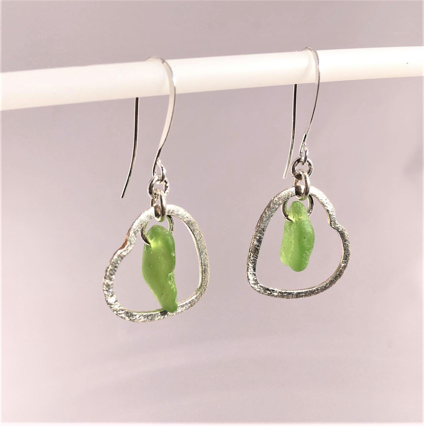 Heart Earrings - Green Sea Glass from Cape Breton, Nova Scotia, Canada and Sterling Silver