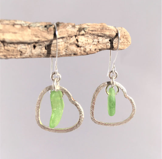 Heart Earrings - Green Sea Glass from Cape Breton, Nova Scotia, Canada and Sterling Silver