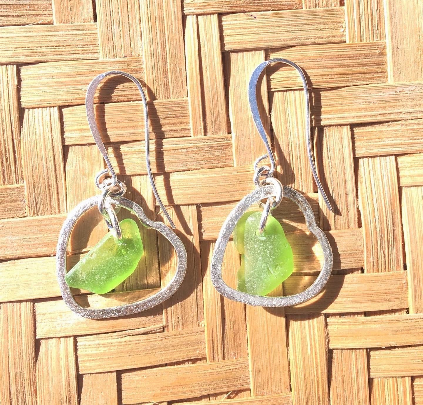 Heart Earrings - Green Sea Glass from Cape Breton, Nova Scotia, Canada and Sterling Silver