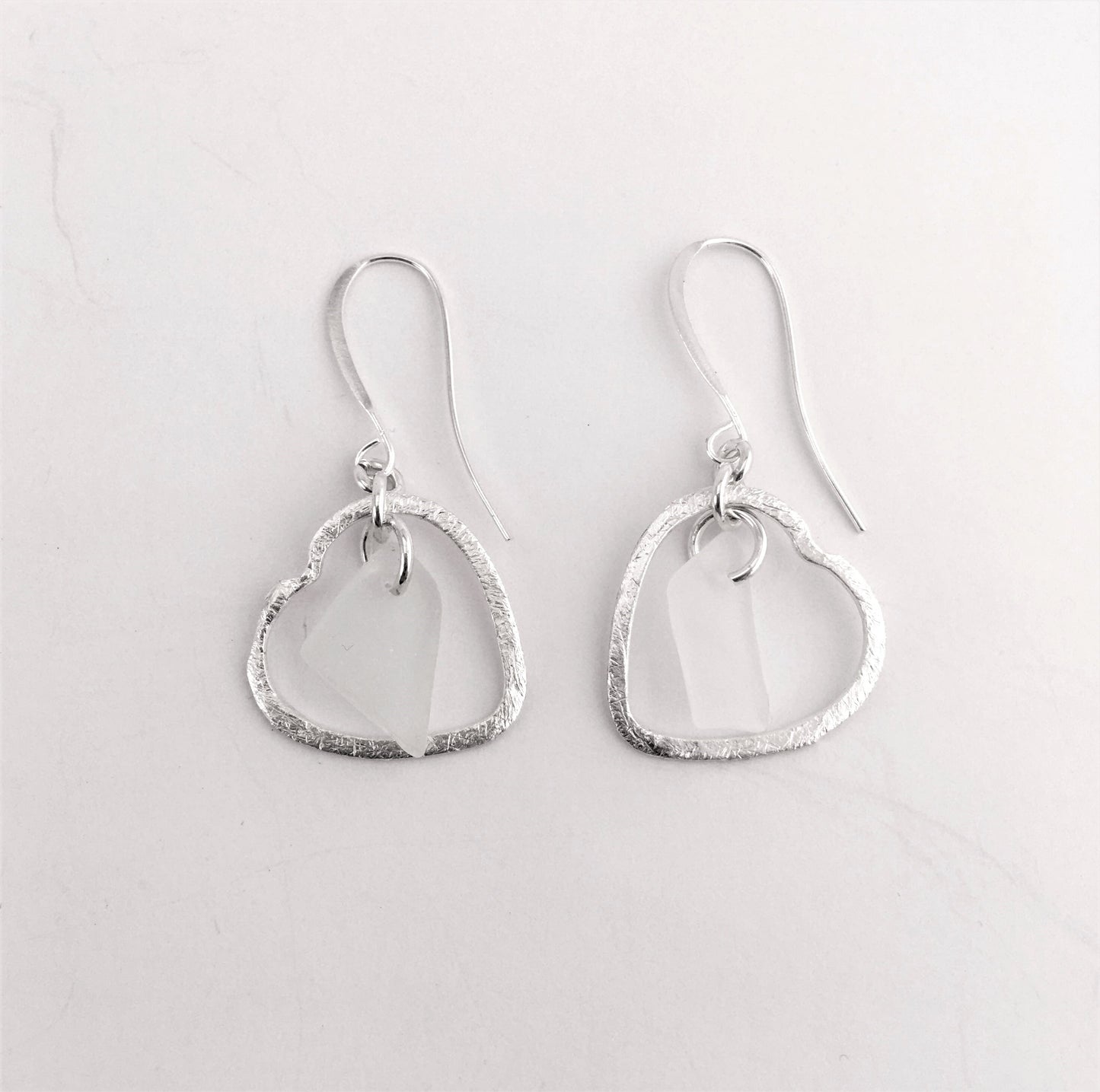 Heart Earrings - White Sea Glass from the South Shore of Nova Scotia, Canada and Sterling Silver