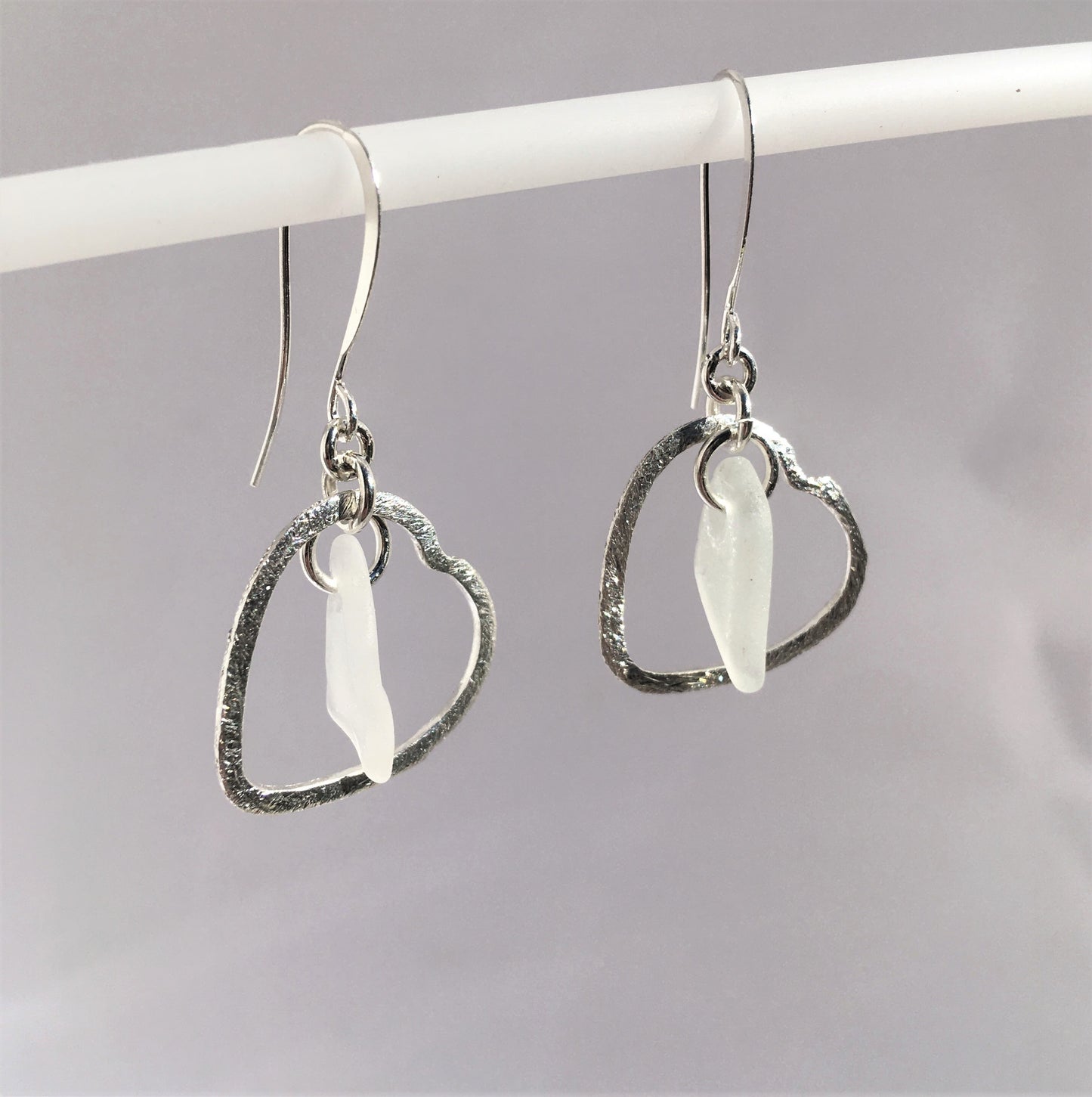 Heart Earrings - White Sea Glass from the South Shore of Nova Scotia, Canada and Sterling Silver