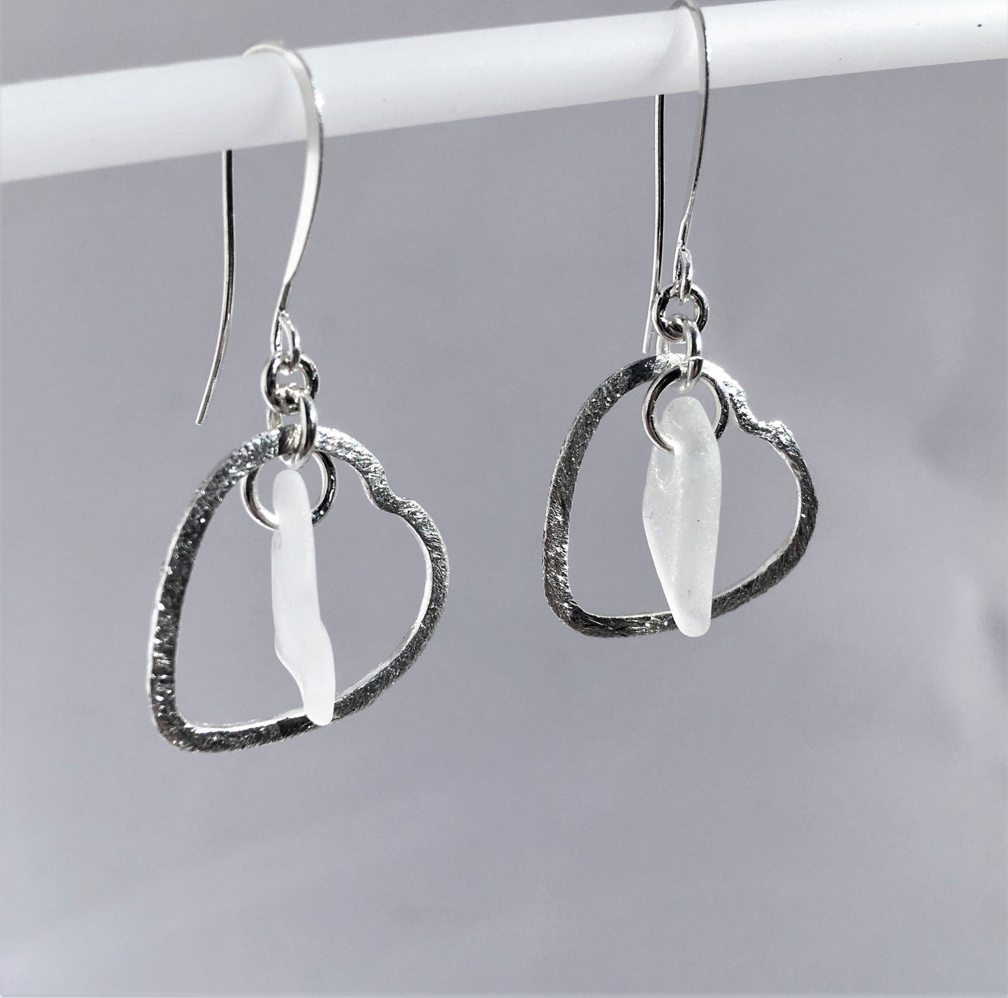 Heart Earrings - White Sea Glass from the South Shore of Nova Scotia, Canada and Sterling Silver