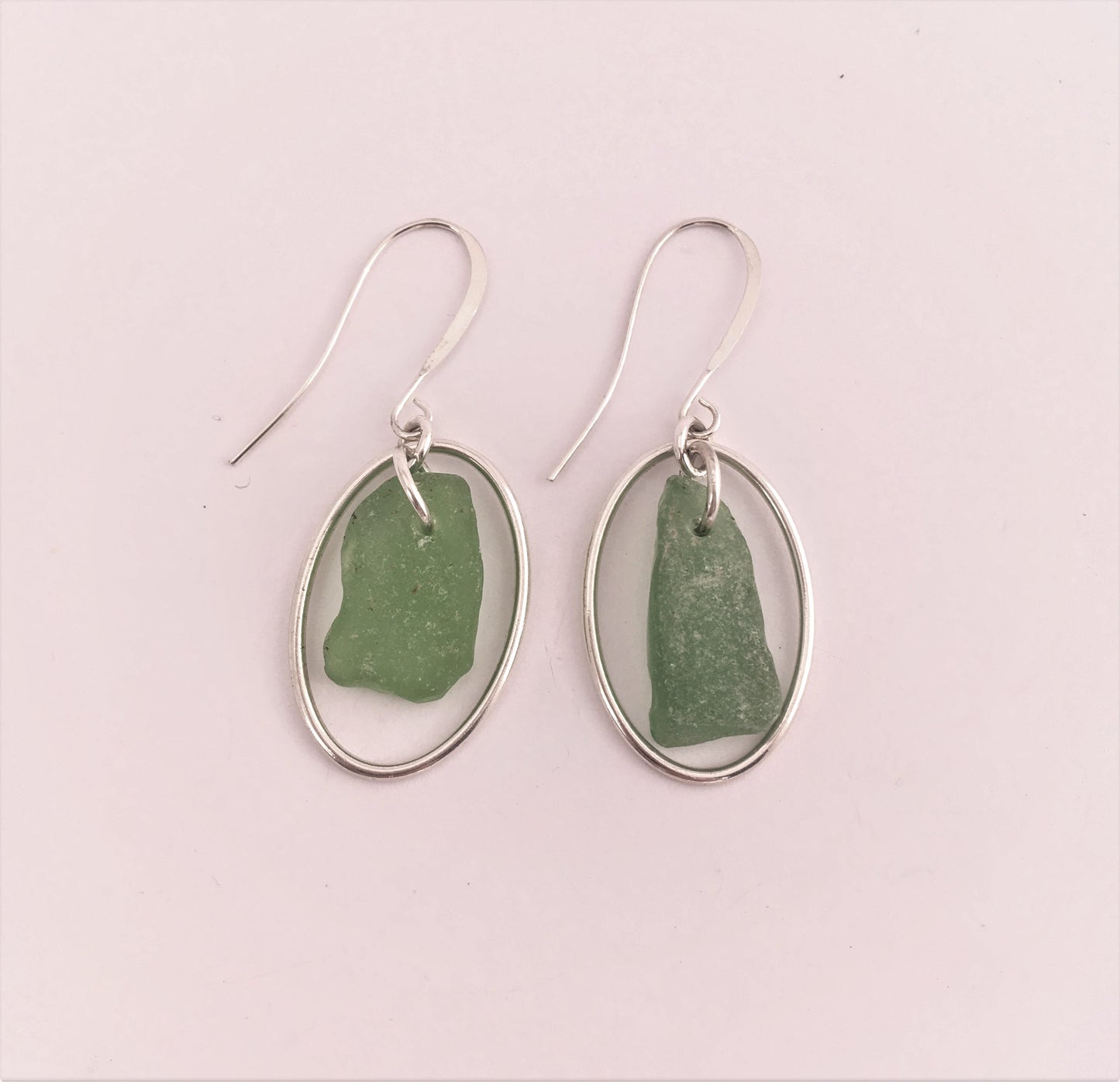 Heaven on Earth Earrings - Green sea glass from Sidney, British Columbia with Sterling Silver Ovals on a nickle-free hook