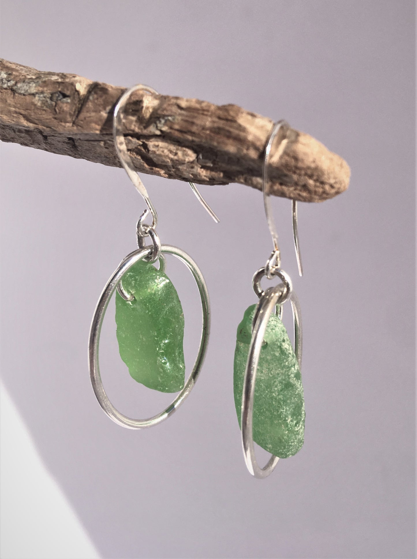 Heaven on Earth Earrings - Green sea glass from Sidney, British Columbia with Sterling Silver Ovals on a nickle-free hook