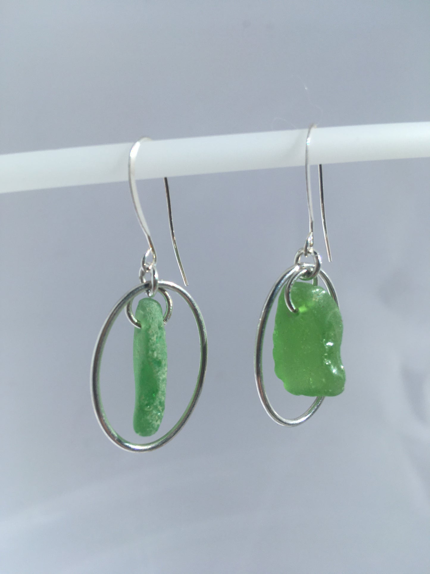 Heaven on Earth Earrings - Green sea glass from Sidney, British Columbia with Sterling Silver Ovals on a nickle-free hook
