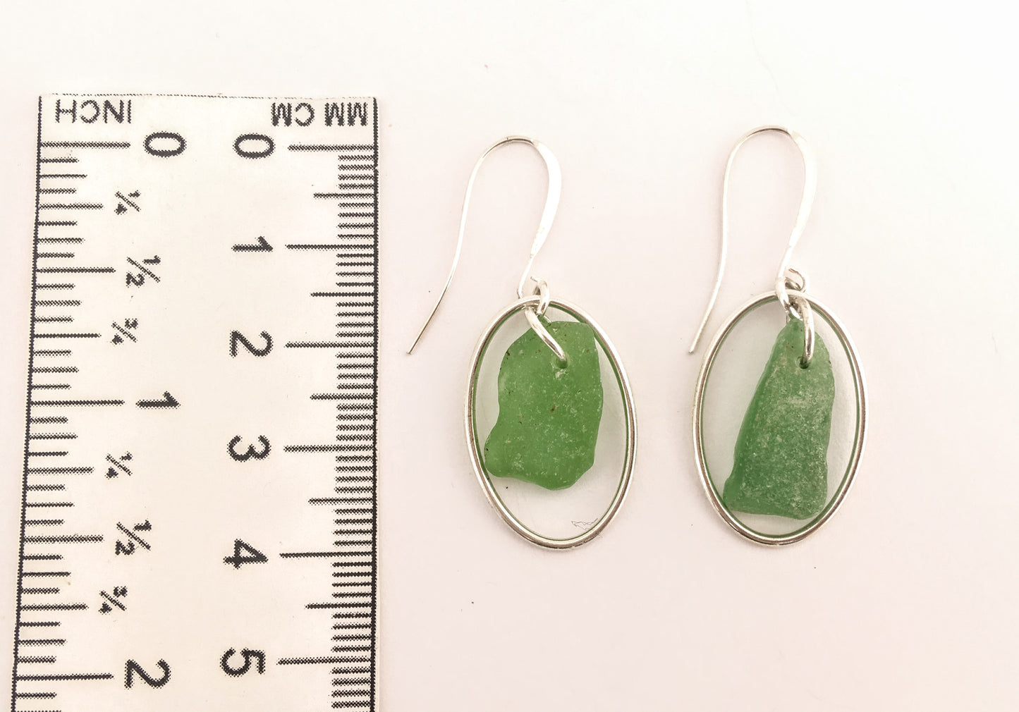 Heaven on Earth Earrings - Green sea glass from Sidney, British Columbia with Sterling Silver Ovals on a nickle-free hook