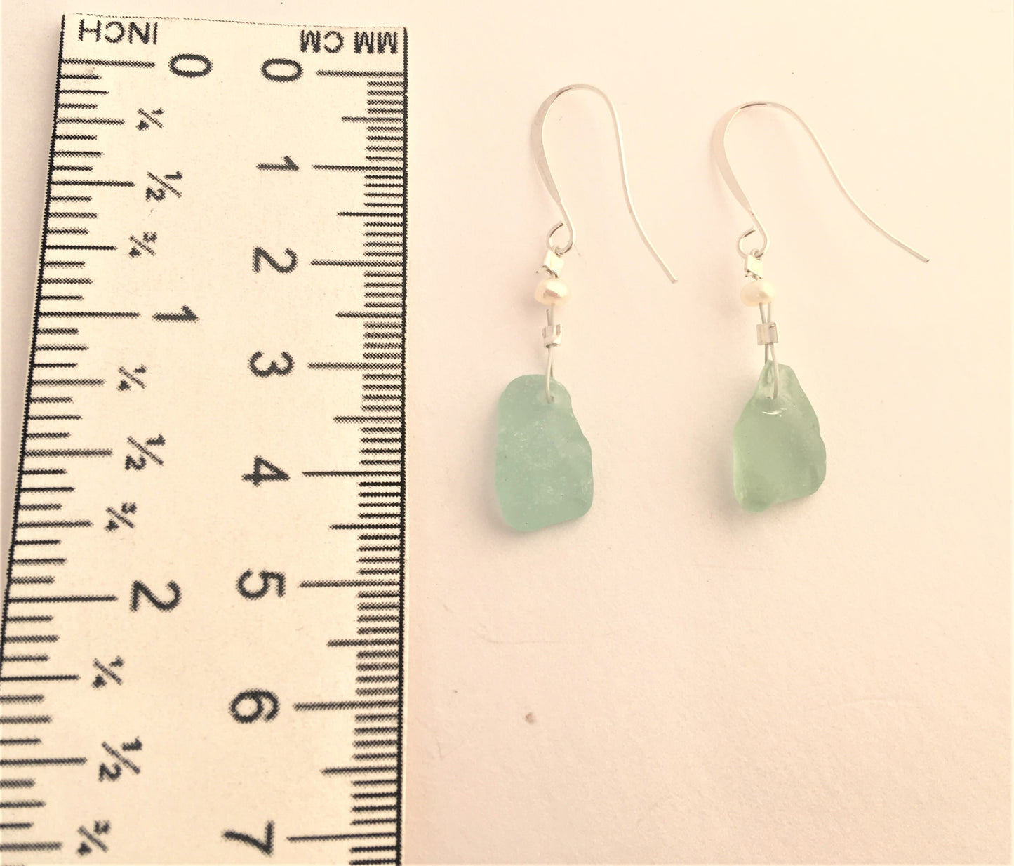 Pearl Earrings - Aqua sea glass from New Brunswick, Canada with freshwater seed pearl on hypo-allergenic earring wire