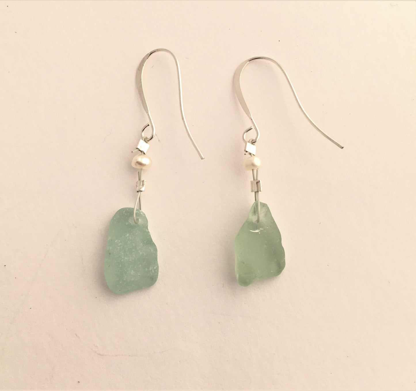 Pearl Earrings - Aqua sea glass from New Brunswick, Canada with freshwater seed pearl on hypo-allergenic earring wire