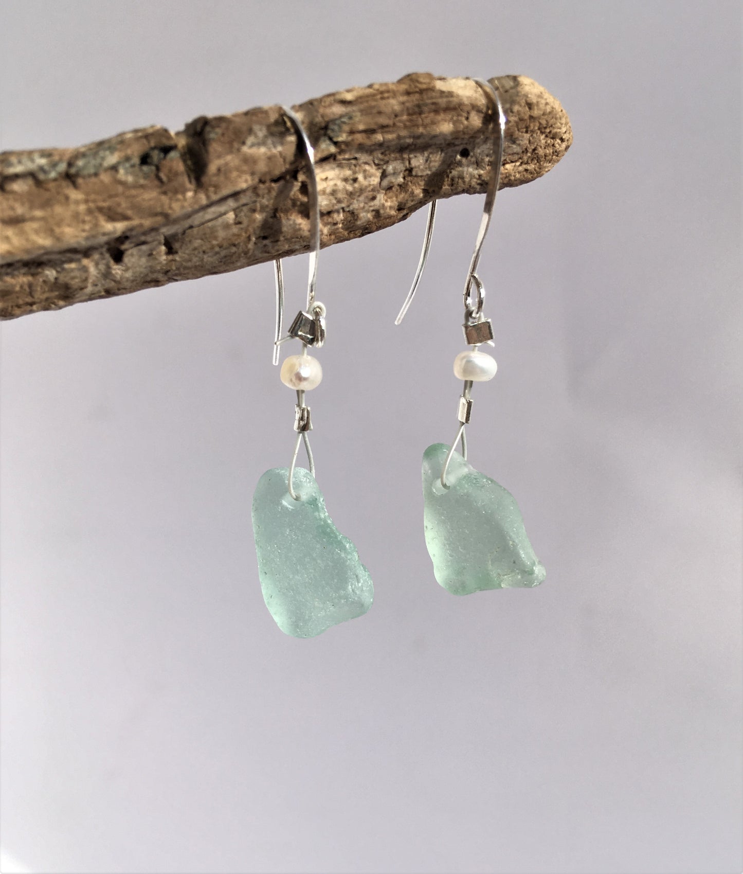 Pearl Earrings - Aqua sea glass from New Brunswick, Canada with freshwater seed pearl on hypo-allergenic earring wire