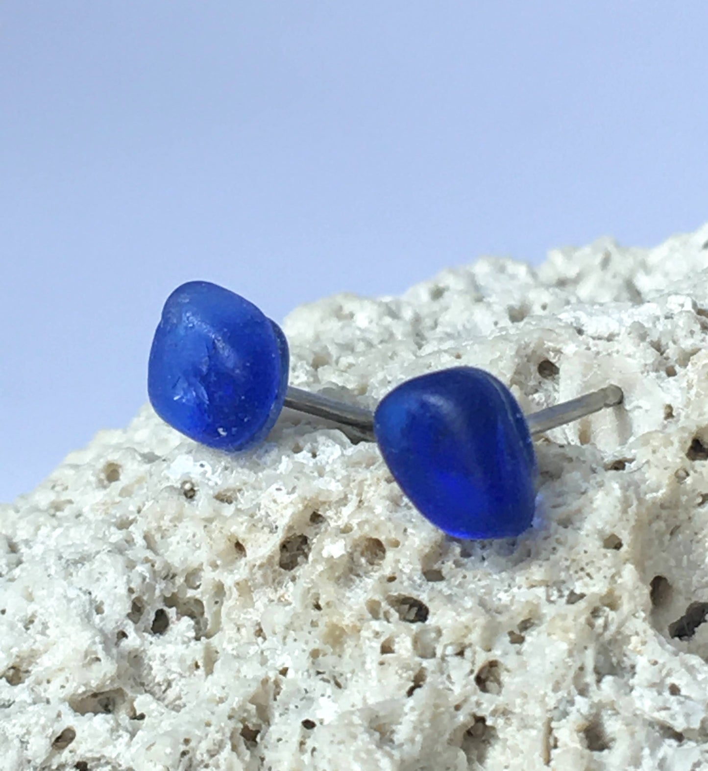 Pebble Stud Earrings - Cobalt blue sea glass from Cape Breton, Nova Scotia, Canada on surgical steel posts with butterfly clutch