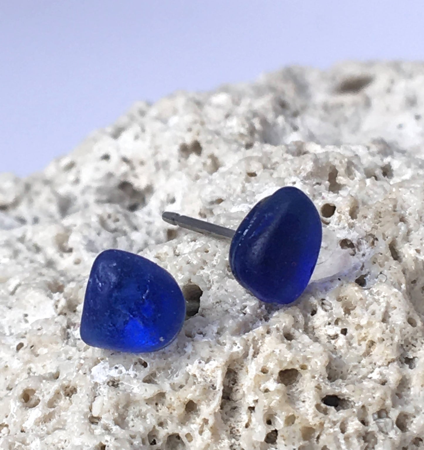 Pebble Stud Earrings - Cobalt blue sea glass from Cape Breton, Nova Scotia, Canada on surgical steel posts with butterfly clutch