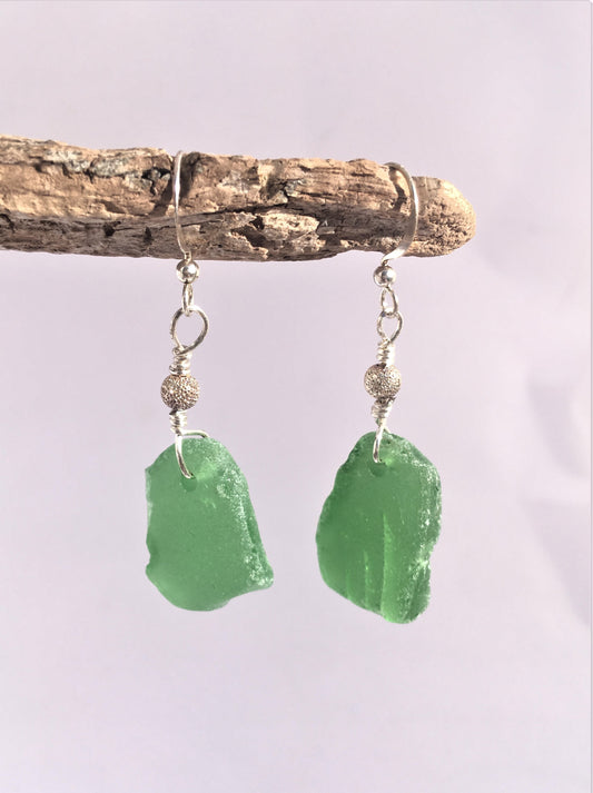 Stardust Earrings - Green sea glass from the South Shore, Nova Scotia, Canada with silver plated bead on a nickle-free hook