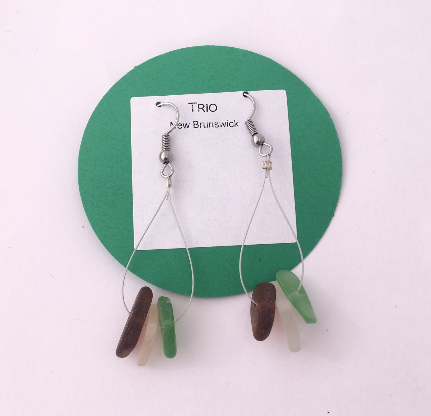 Trio Earrings: White, green and amber sea glass from New Brunswick, Canada on a hypoallergenic nickle-free hook