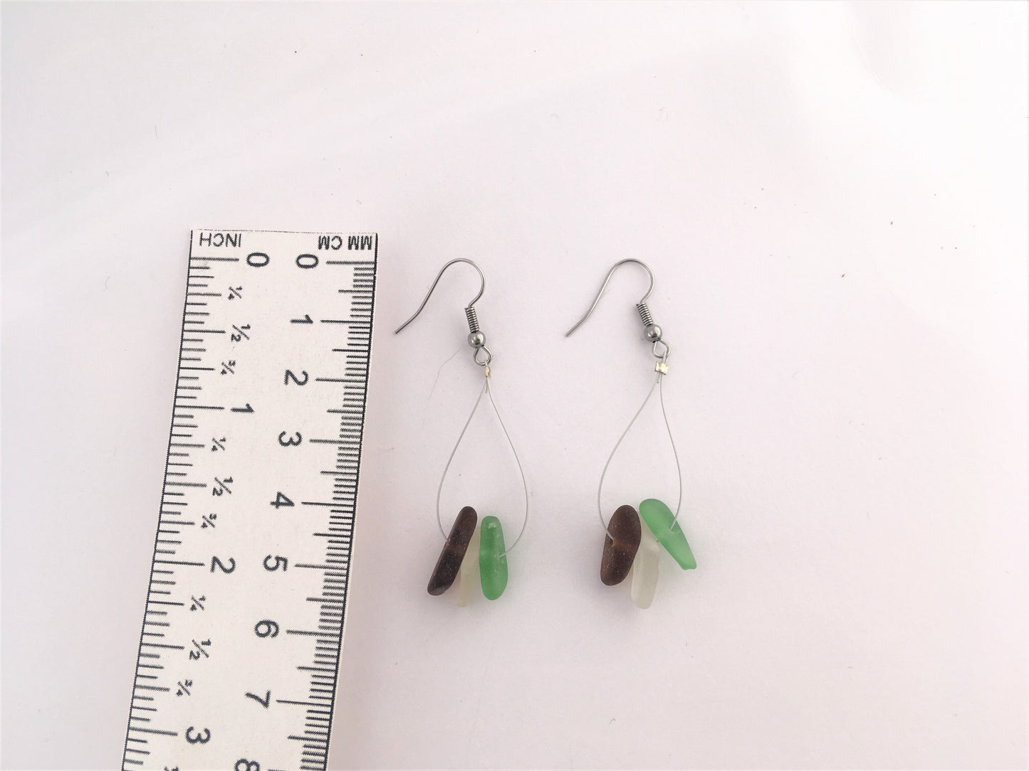 Trio Earrings: White, green and amber sea glass from New Brunswick, Canada on a hypoallergenic nickle-free hook