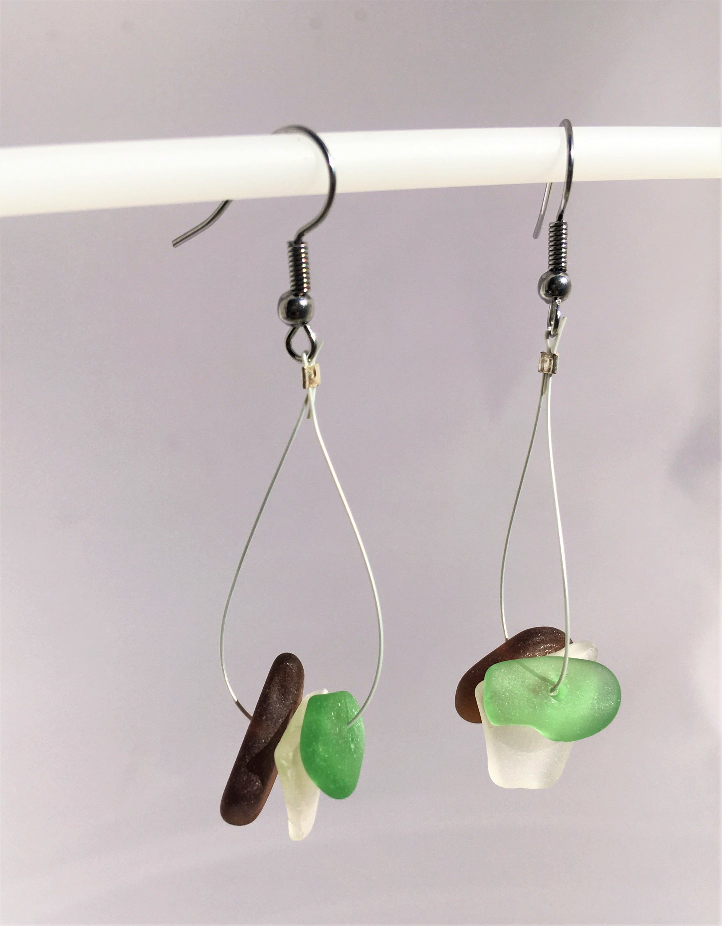 Trio Earrings: White, green and amber sea glass from New Brunswick, Canada on a hypoallergenic nickle-free hook