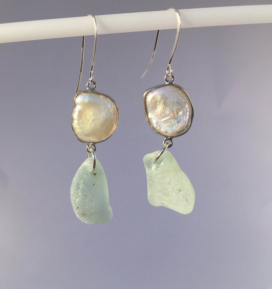 Pearl Earrings - Aqua sea glass from Cape Breton, Nova Scotia, Canada with Mother of Pearl on hypo-allergenic earring wire