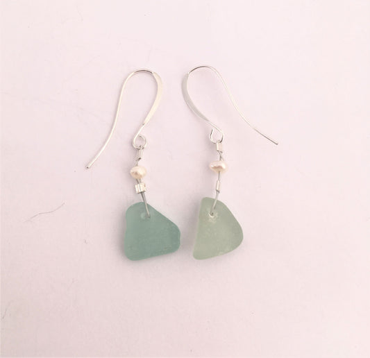 Pearl Earrings - Aqua sea glass from Sidney, British Columbia, Canada with freshwater seed pearl on hypo-allergenic earring wire