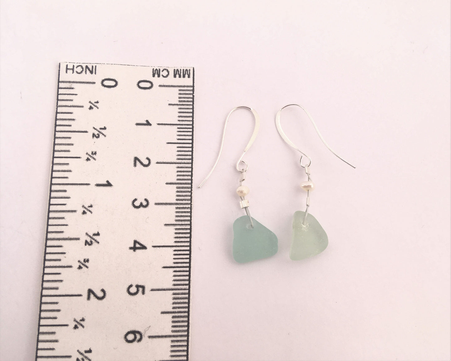 Pearl Earrings - Aqua sea glass from Sidney, British Columbia, Canada with freshwater seed pearl on hypo-allergenic earring wire