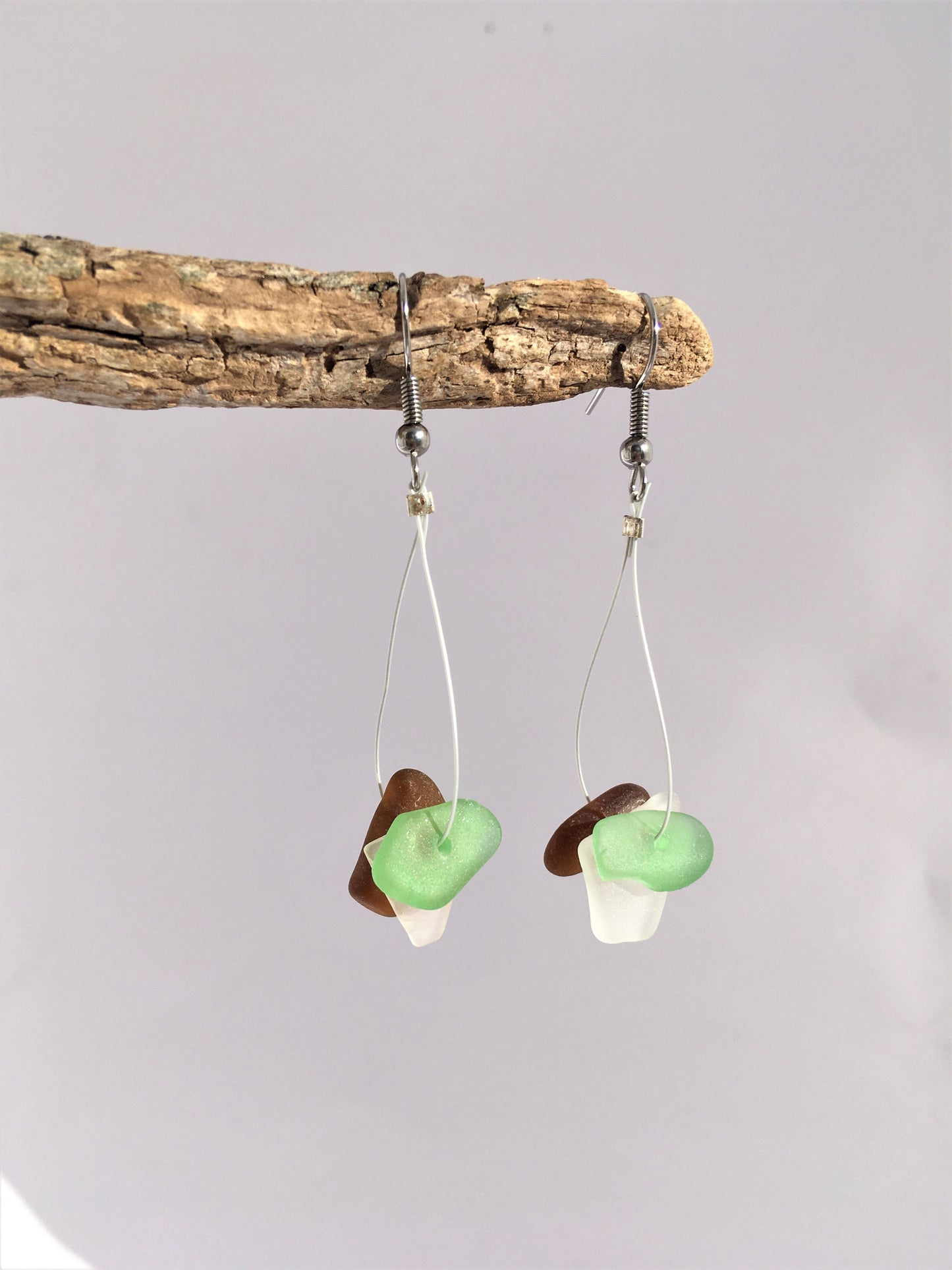 Trio Earrings: White, green and amber sea glass from New Brunswick, Canada on a hypoallergenic nickle-free hook