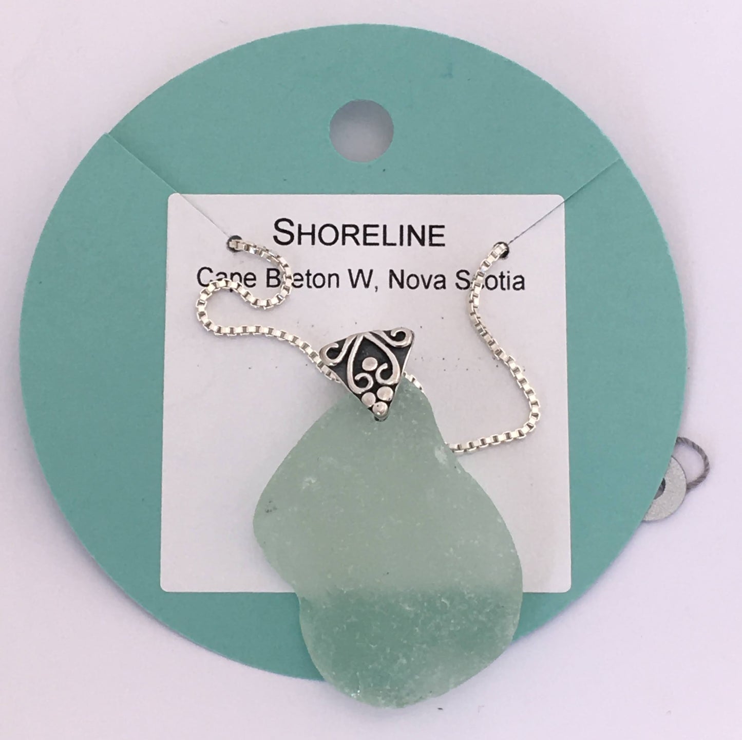 Shoreline Pendant - Aqua sea glass from Cape Breton, Nova Scotia, Canada with triangular Sterling silver bail with filigree motif in antique finish, on a boxchain