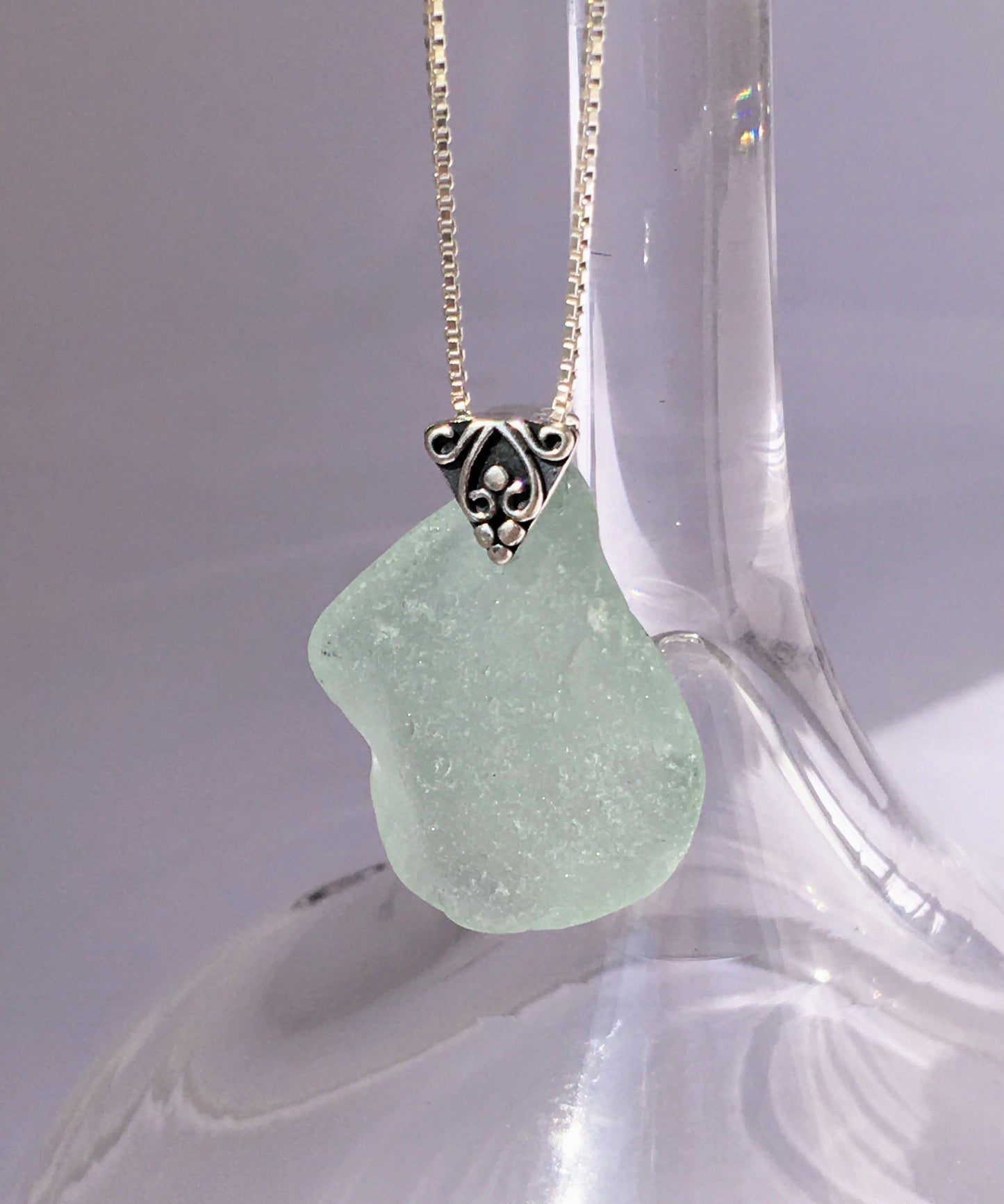 Shoreline Pendant - Aqua sea glass from Cape Breton, Nova Scotia, Canada with triangular Sterling silver bail with filigree motif in antique finish, on a boxchain