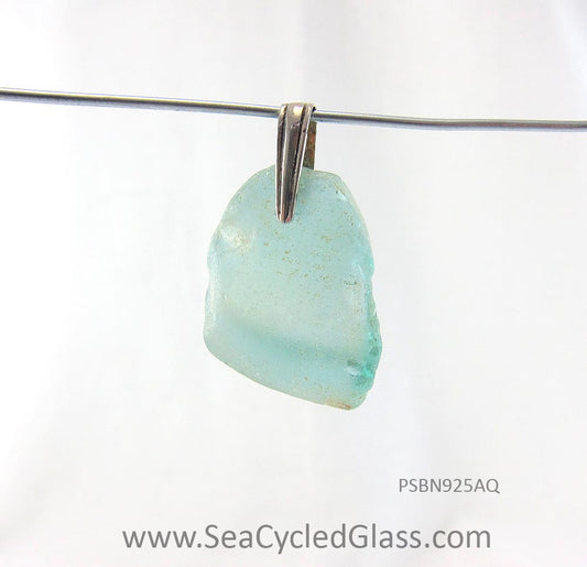 Shoreline Pendant - Aqua sea glass from Northern California with narrow Sterling silver bail with an antique finish, on a boxchain