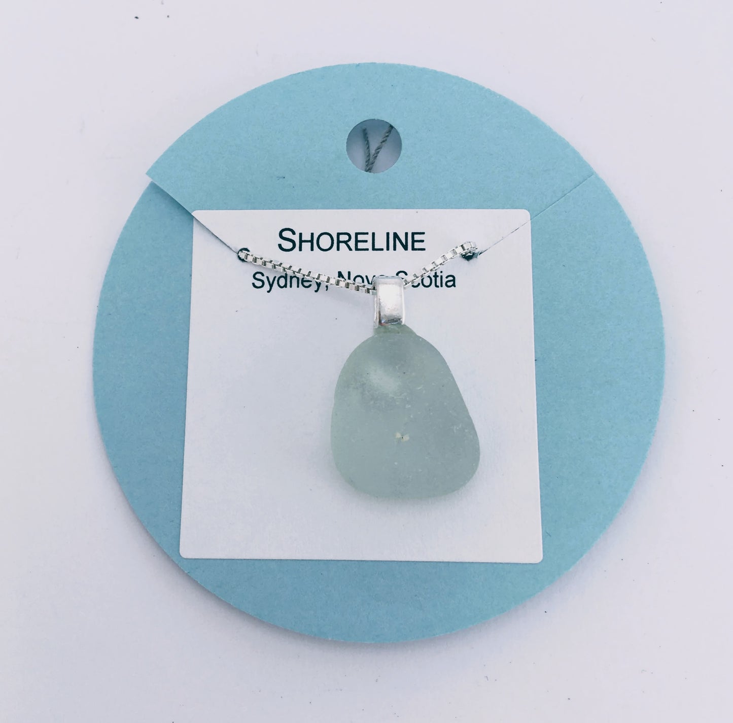 Shoreline Pendant - Aqua sea glass from Sydney, Cape Breton, Nova Scotia, Canada mounted on 925 Sterling silver bail with chain