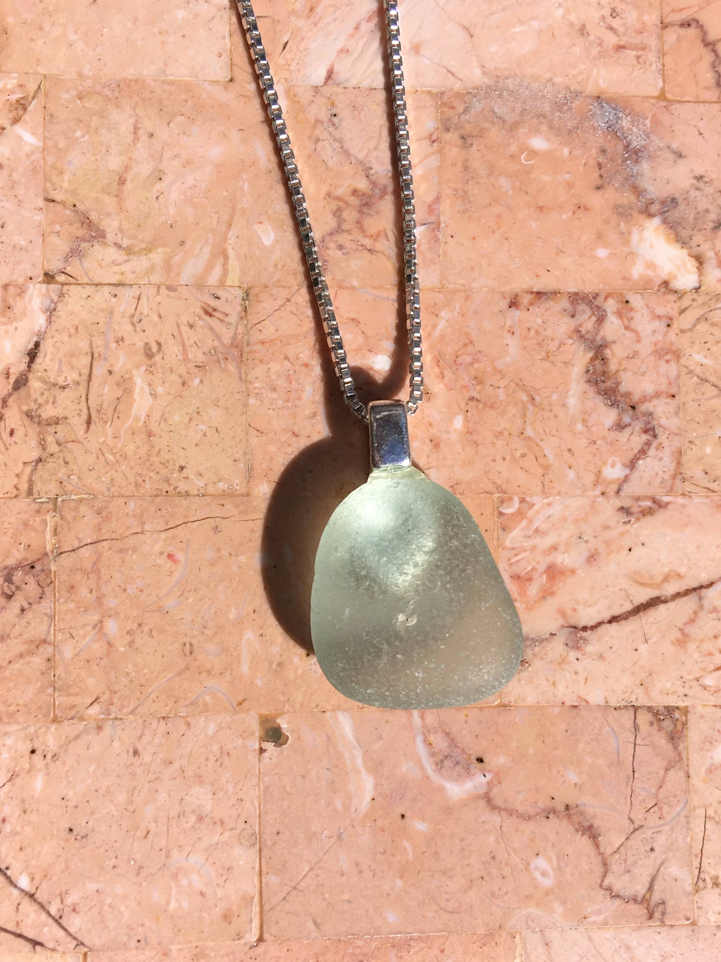 Shoreline Pendant - Aqua sea glass from Sydney, Cape Breton, Nova Scotia, Canada mounted on 925 Sterling silver bail with chain