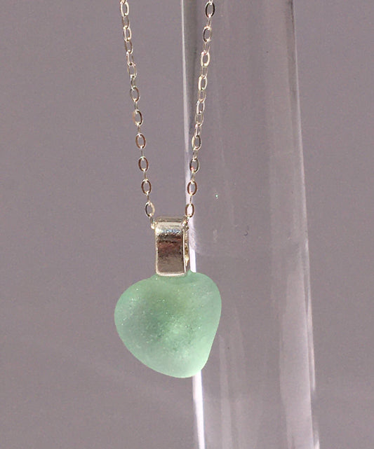 Shoreline Pendant - Aqua ice blue sea glass from Sydney, Cape Breton, Nova Scotia, Canada mounted on 925 Sterling silver bail with chain