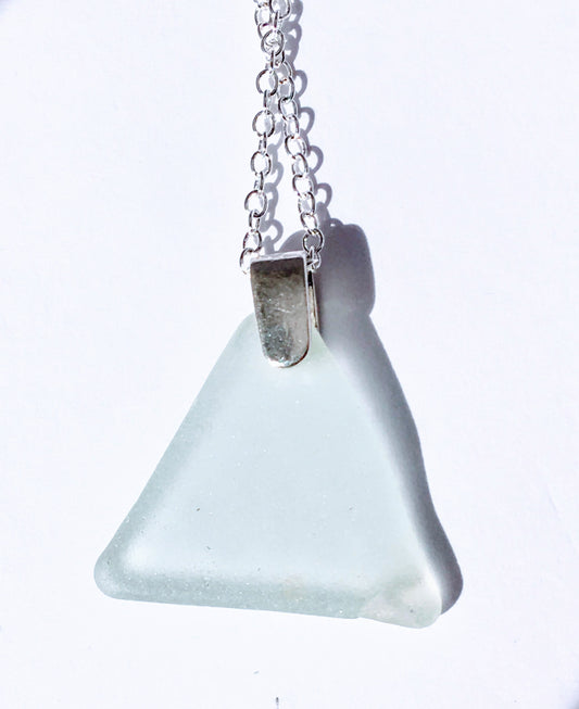 Shoreline Pendant - Pale aqua triangular sea glass from New Brunswick, Canada with narrow smooth Sterling silver bail , on a chain