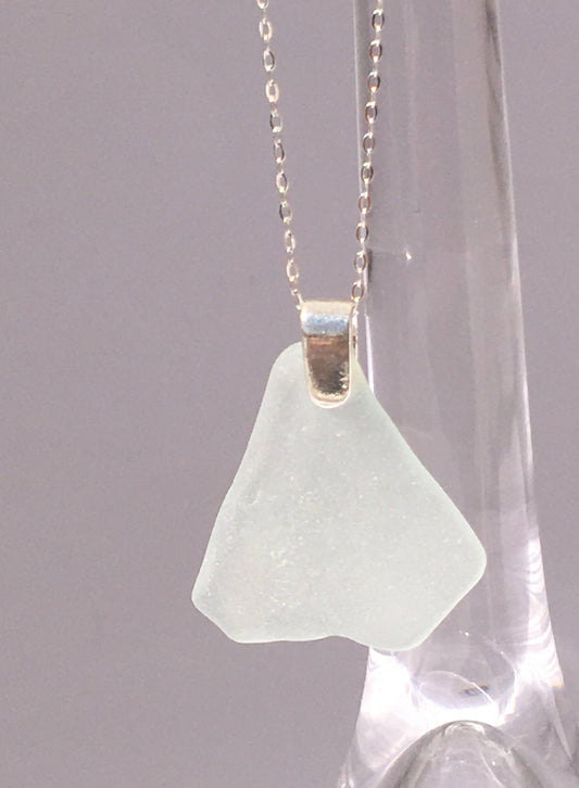 Shoreline Pendant - Pale aqua sea glass from Sydney, Cape Breton, Nova Scotia, Canada with narrow smooth Sterling silver bail, on a chain