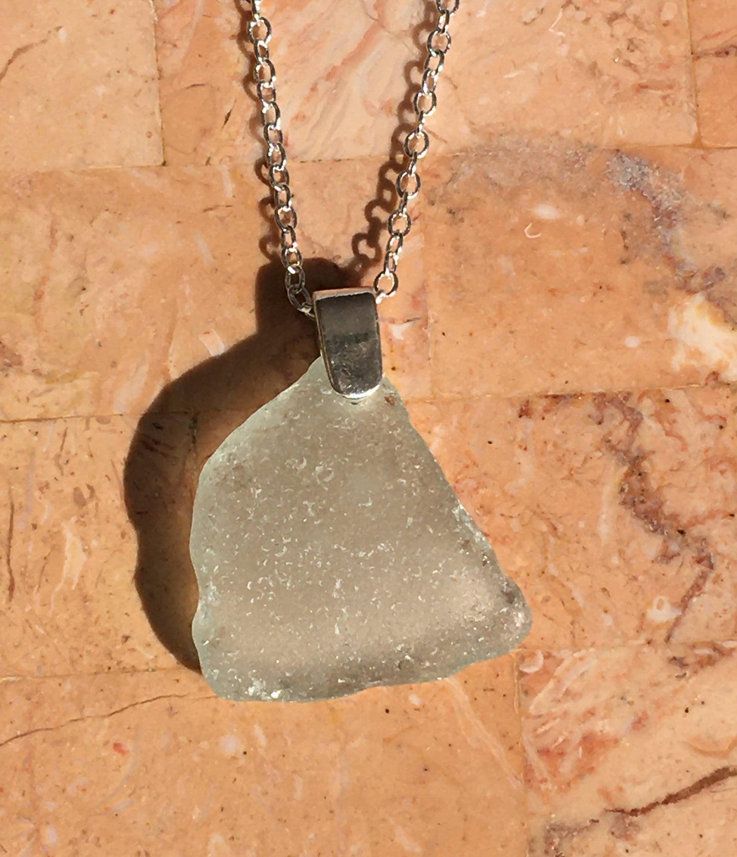 Shoreline Pendant - Pale aqua sea glass from New Brunswick, Canada with narrow smooth Sterling silver bail , on a chain