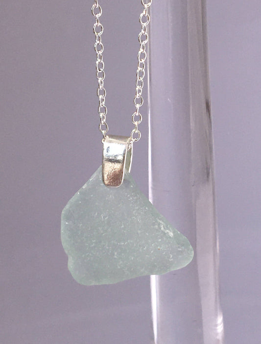 Shoreline Pendant - Pale aqua sea glass from New Brunswick, Canada with narrow smooth Sterling silver bail , on a chain