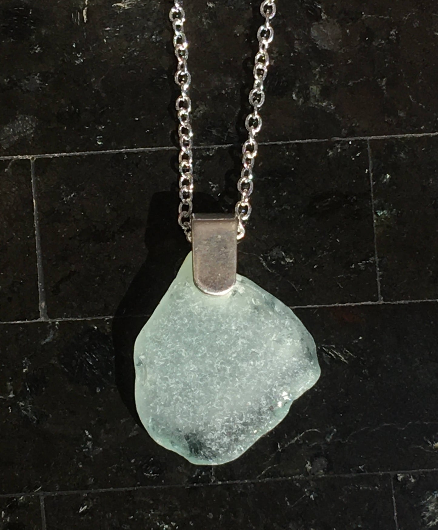 Shoreline Pendant - Pale aqua sea glass from New Brunswick, Canada with narrow smooth Sterling silver bail , on a chain