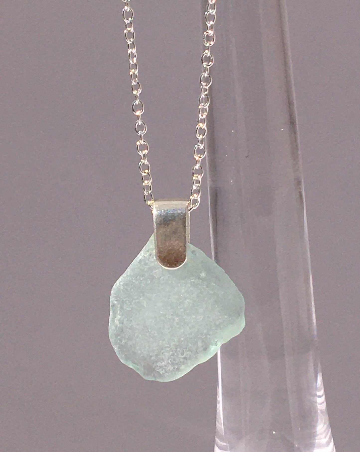 Shoreline Pendant - Pale aqua sea glass from New Brunswick, Canada with narrow smooth Sterling silver bail , on a chain