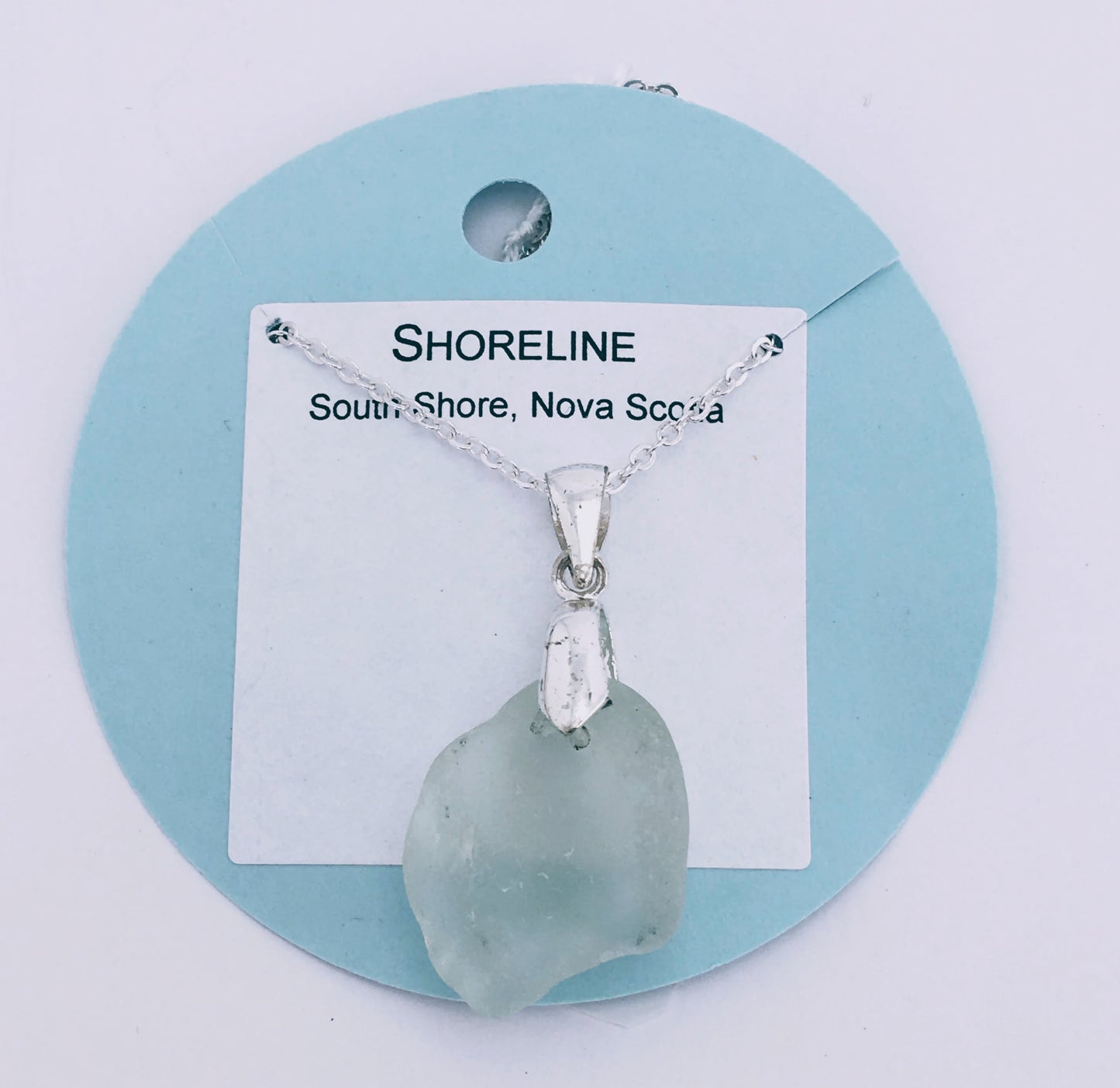 Shoreline Pendant - Pale aqua sea glass from the South shore of Nova Scotia, Canada with silver plated bail, on a chain