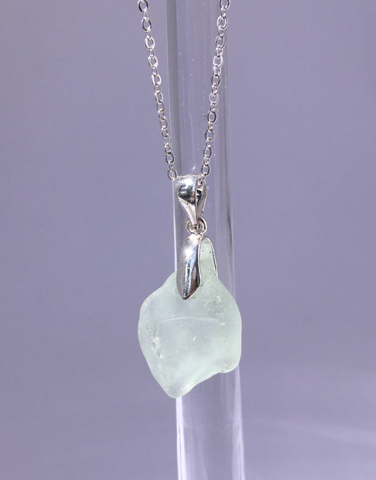 Shoreline Pendant - Pale aqua sea glass from the South shore of Nova Scotia, Canada with silver plated bail, on a chain