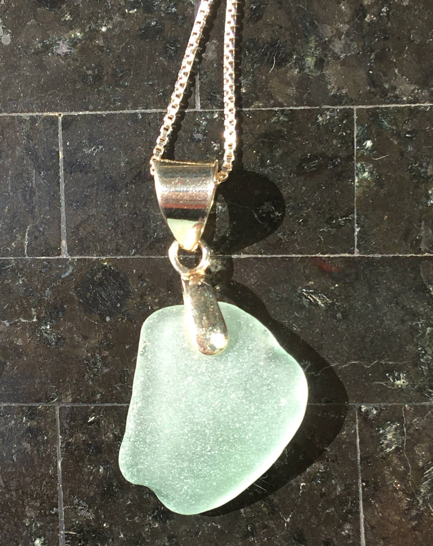 Shoreline Pendant - Pale aqua sea glass from Cape Breton, Nova Scotia, Canada with smooth triangular Sterling silver bail , on a boxchain