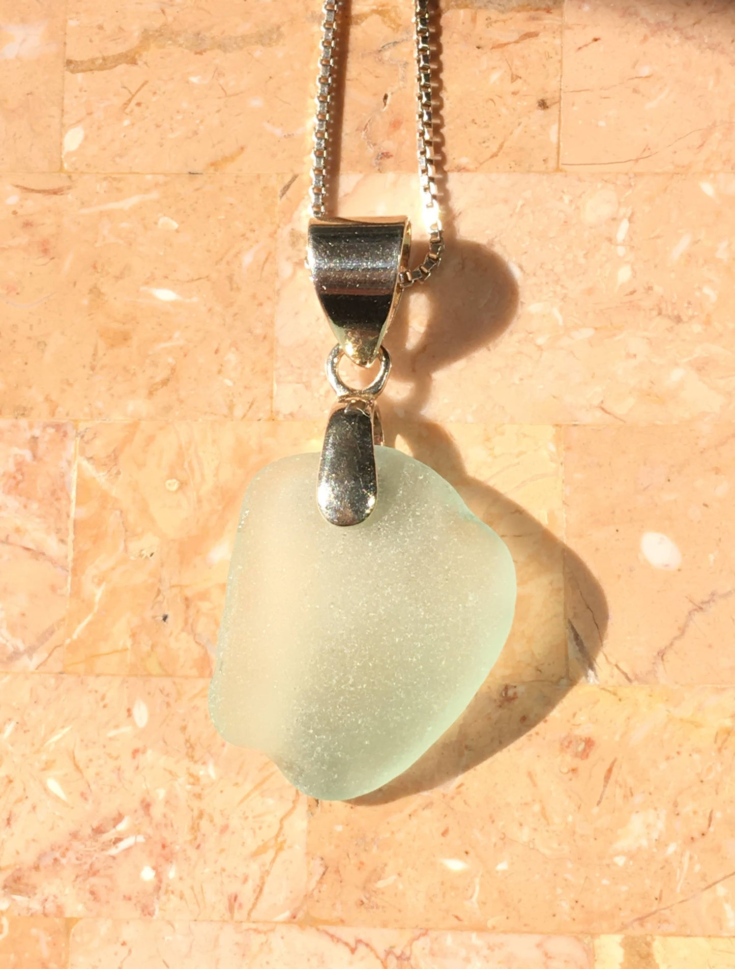 Shoreline Pendant - Pale aqua sea glass from Cape Breton, Nova Scotia, Canada with smooth triangular Sterling silver bail , on a boxchain