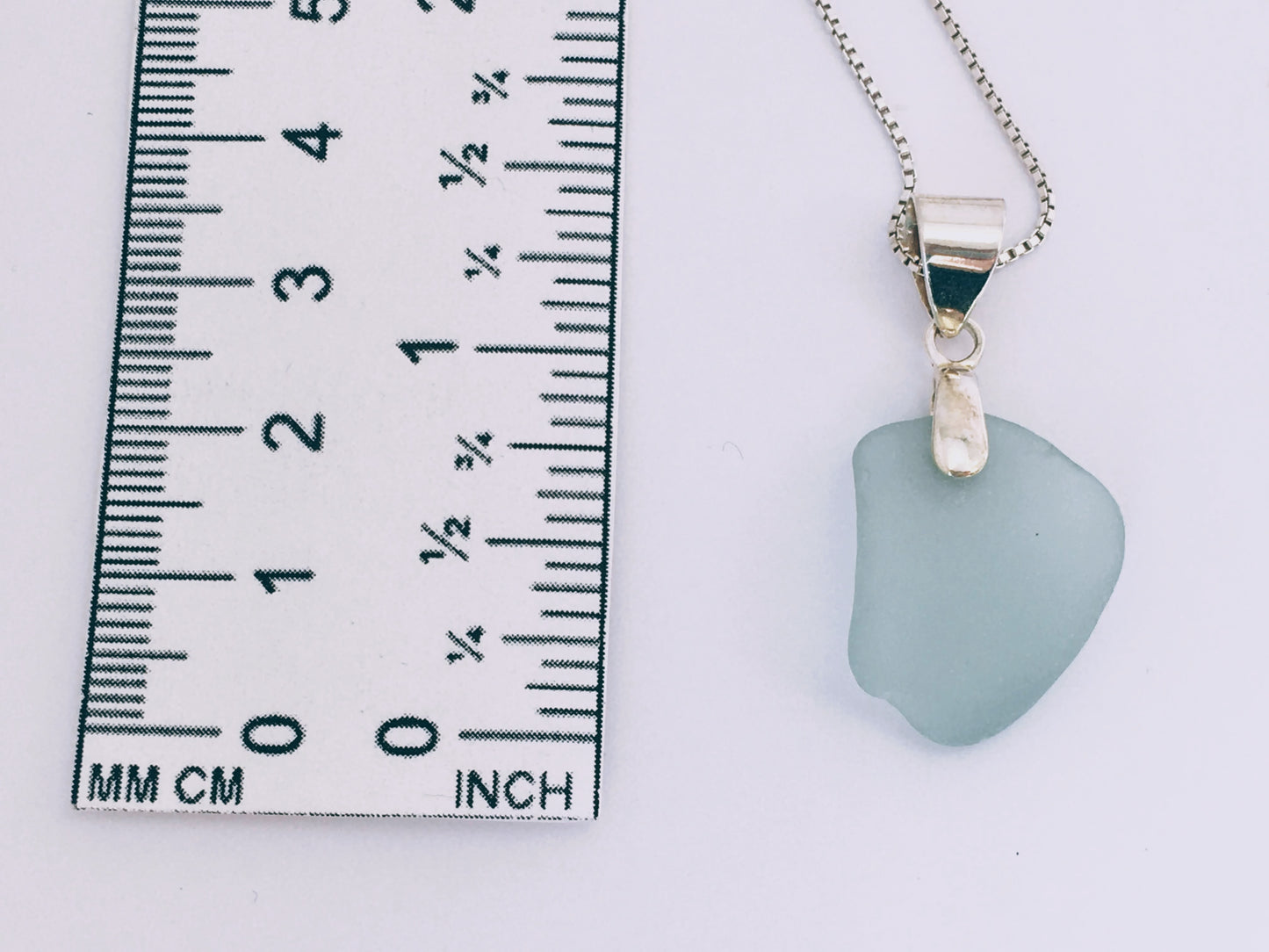 Shoreline Pendant - Pale aqua sea glass from Cape Breton, Nova Scotia, Canada with smooth triangular Sterling silver bail , on a boxchain