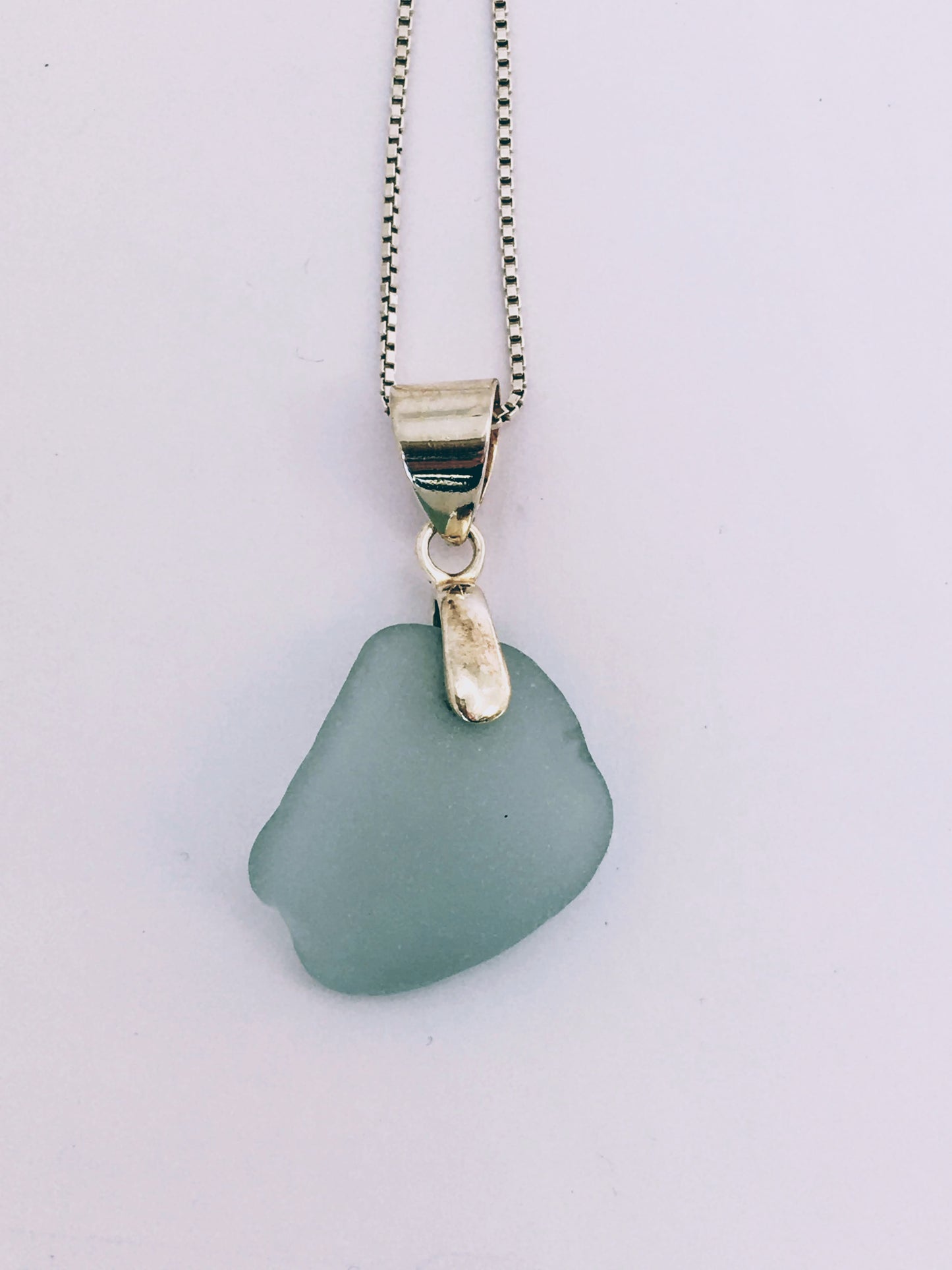 Shoreline Pendant - Pale aqua sea glass from Cape Breton, Nova Scotia, Canada with smooth triangular Sterling silver bail , on a boxchain