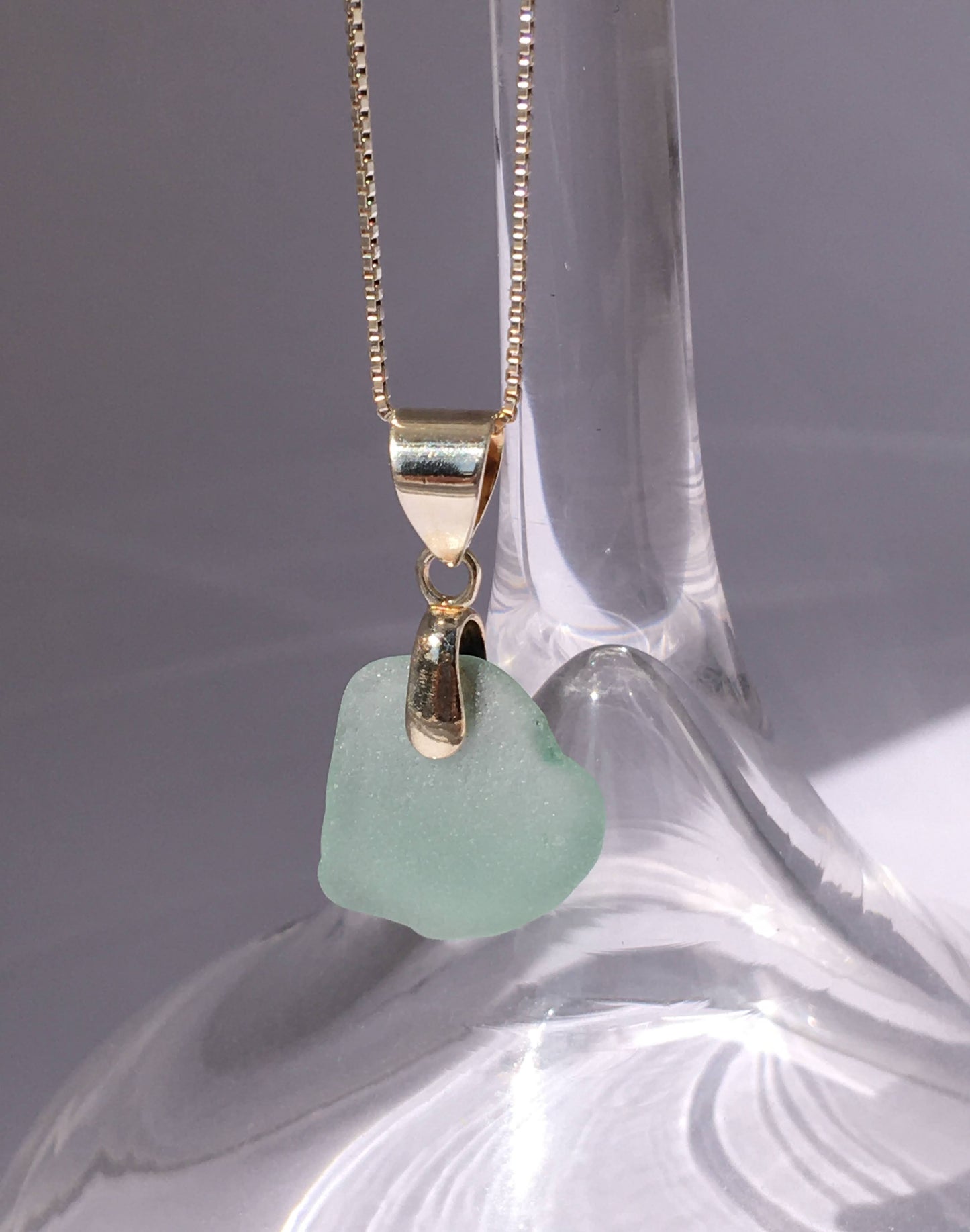 Shoreline Pendant - Pale aqua sea glass from Cape Breton, Nova Scotia, Canada with smooth triangular Sterling silver bail , on a boxchain