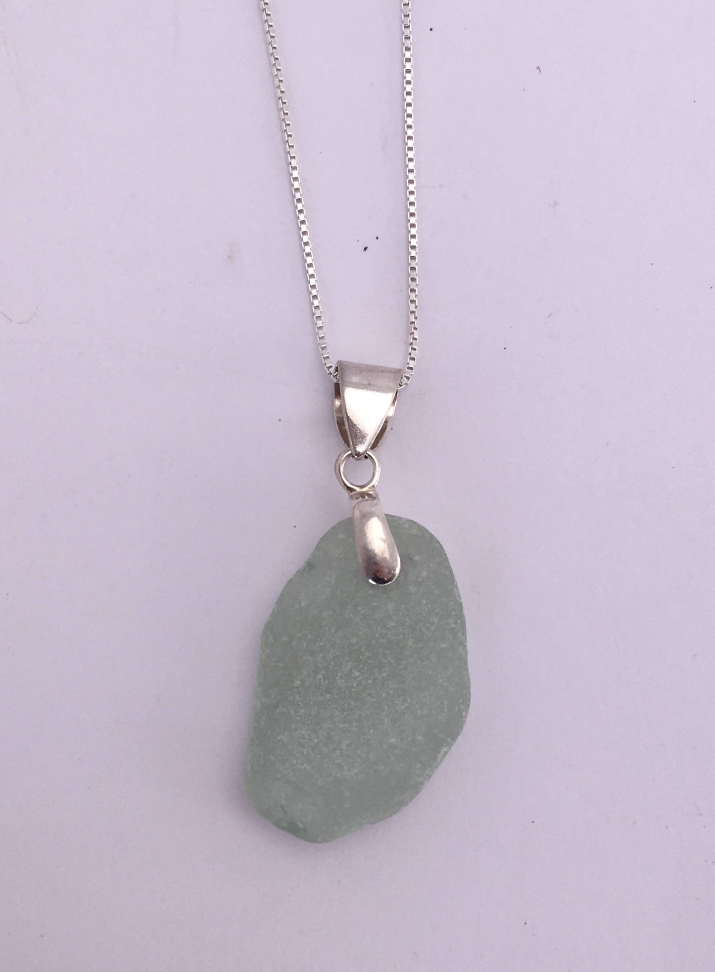 Shoreline Pendant - Pale aqua sea glass from Northern California with smooth triangular Sterling silver bail, on a boxchain