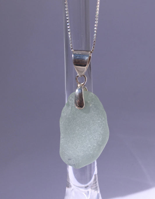 Shoreline Pendant - Pale aqua sea glass from Northern California with smooth triangular Sterling silver bail, on a boxchain