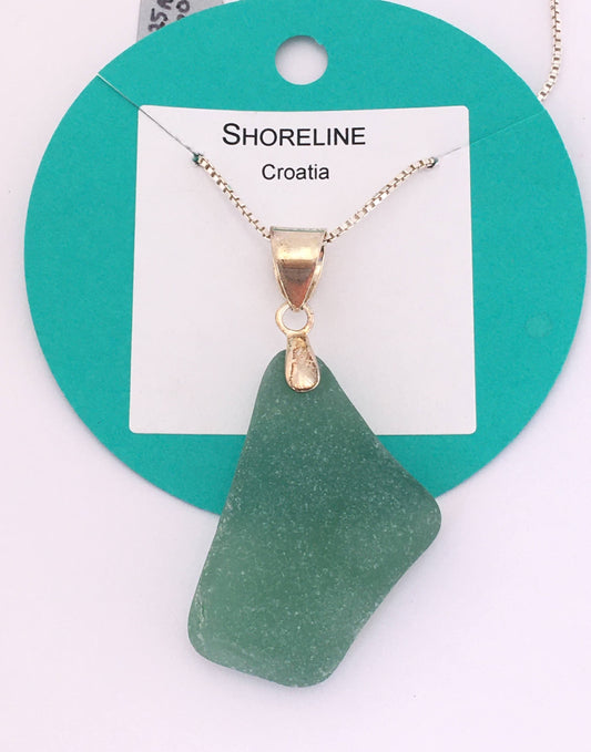 Shoreline Pendant - Aqua sea glass from Croatia with smooth triangular Sterling silver bail, on a boxchain