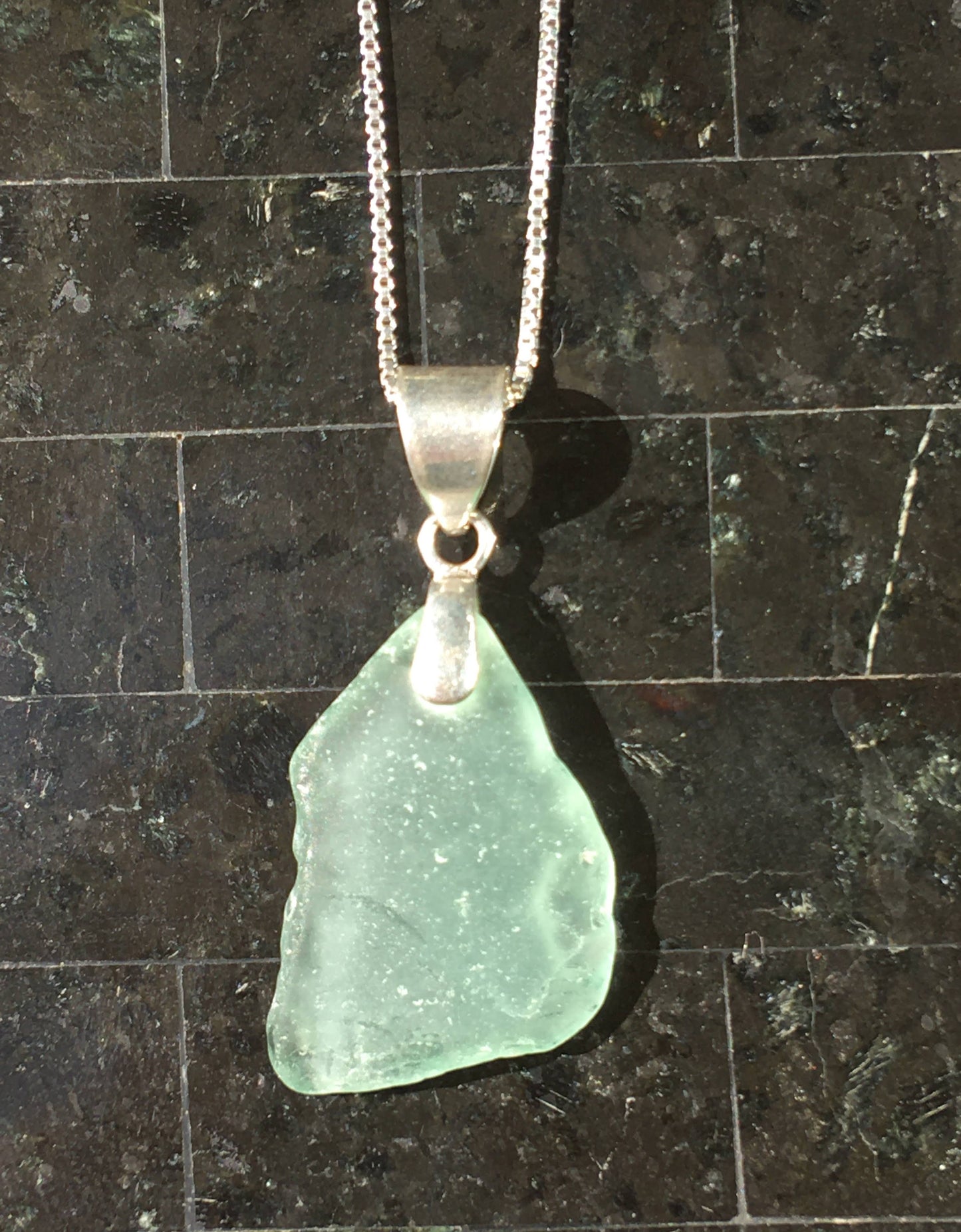 Shoreline Pendant - Aqua sea glass from Sicily with smooth triangular Sterling silver bail, on a boxchain